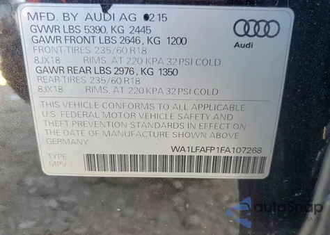 2015 Audi Q5 Premium Plus z USA, uszkodzony, nr VIN WA1LFAFP1FA107268